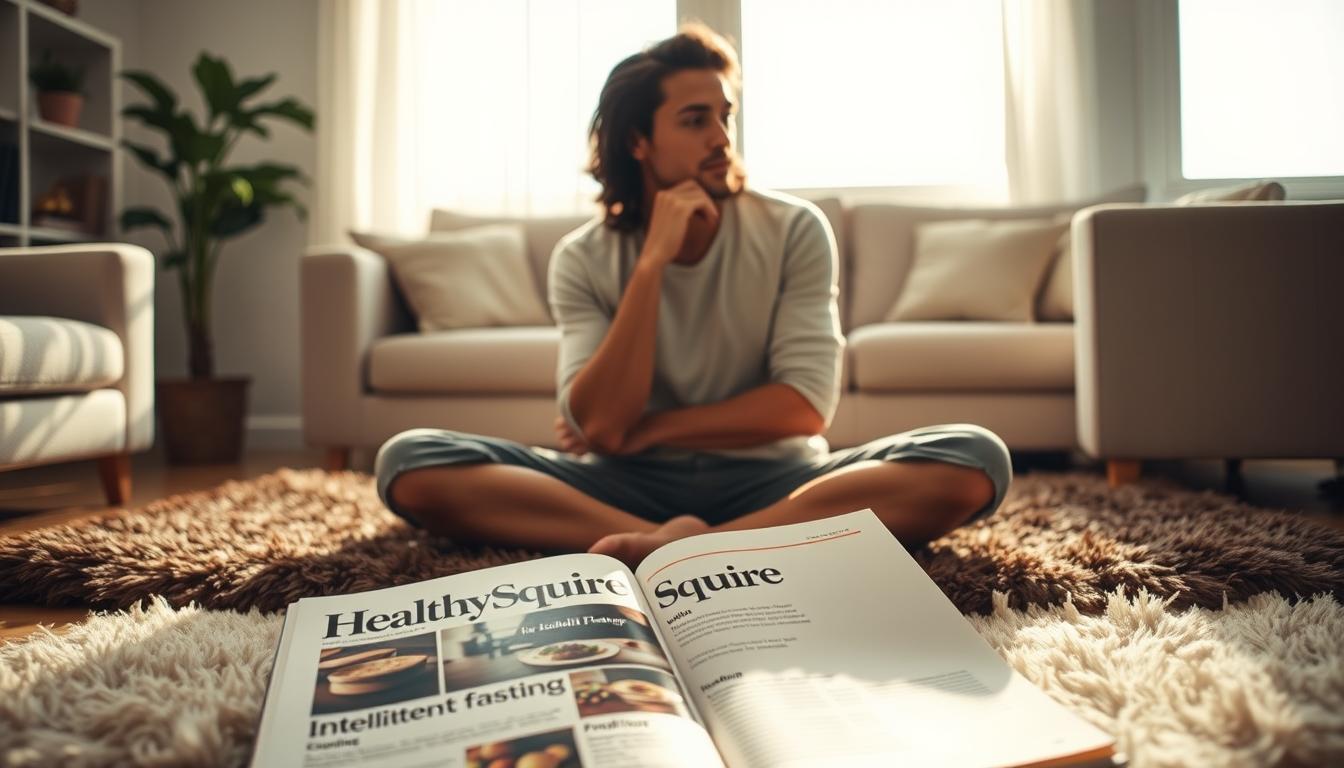 A thoughtful person sitting cross-legged on a plush rug, deep in contemplation about intermittent fasting, against a backdrop of a sunlit, minimalist living room. The lighting is soft and warm, highlighting the subject's contemplative expression. In the foreground, a copy of the "Healthy Squire" magazine lies open, showcasing an article on insulin resistance and the benefits of intermittent fasting. The overall atmosphere conveys a sense of wellness, introspection, and a desire to improve one's health through natural means.