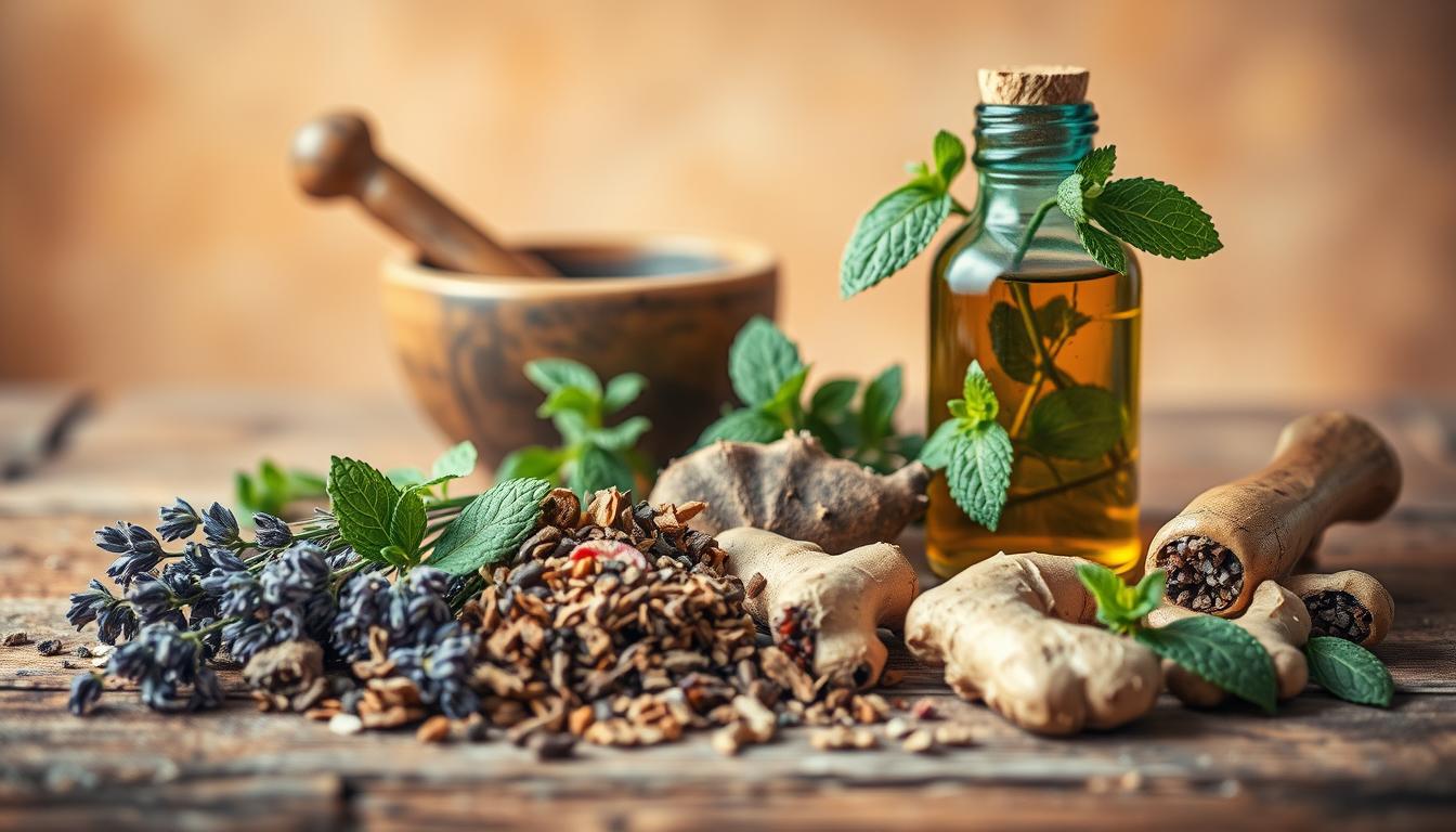 A thoughtfully arranged still life capturing an array of herbal remedies for natural migraine relief. In the foreground, an assortment of dried herbs and botanical ingredients - lavender, feverfew, ginger, and peppermint - meticulously placed on a rustic wooden surface. The middle ground showcases an antique glass bottle filled with a vibrant tincture, accompanied by a mortar and pestle, evoking the rich tradition of herbal medicine. The background features a softly lit, earthy-toned setting, lending a soothing, natural ambiance to the scene. Warm, diffused lighting casts gentle shadows, highlighting the vibrant hues and textures of the herbal elements. The overall composition conveys a sense of balance, tranquility, and the restorative power of nature's remedies.