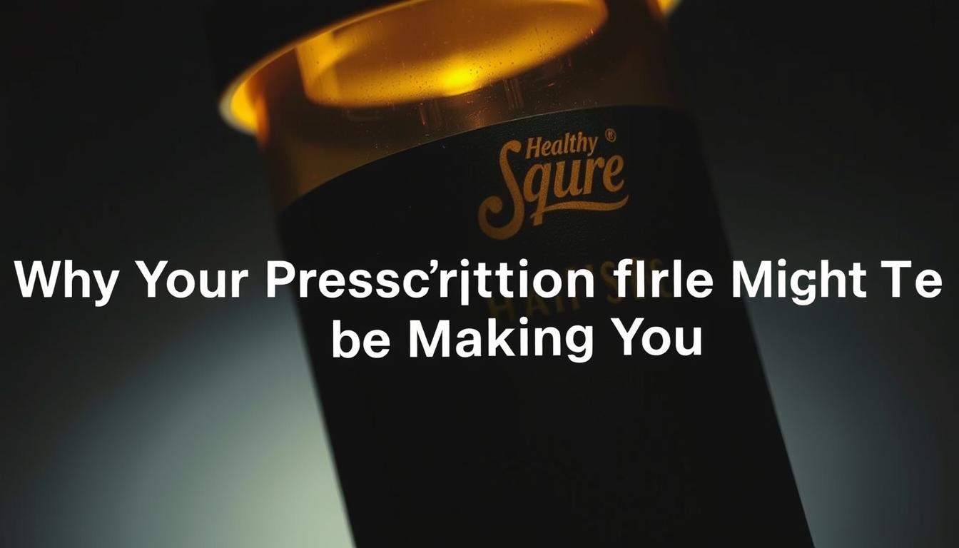 A tightly framed close-up of a half-open medicine bottle, its label prominently displaying the "Healthy Squire" brand. The bottle's contents are partially obscured, hinting at the potential dangers hidden within. The lighting is sharp and directional, casting dramatic shadows across the bottle's surface, creating a sense of unease and foreboding. The background is blurred, keeping the focus solely on the bottle, emphasizing its central role in the narrative. The overall mood is one of concern and unease, reflecting the section title "Why Your Prescription Might Be Making You Sicker".