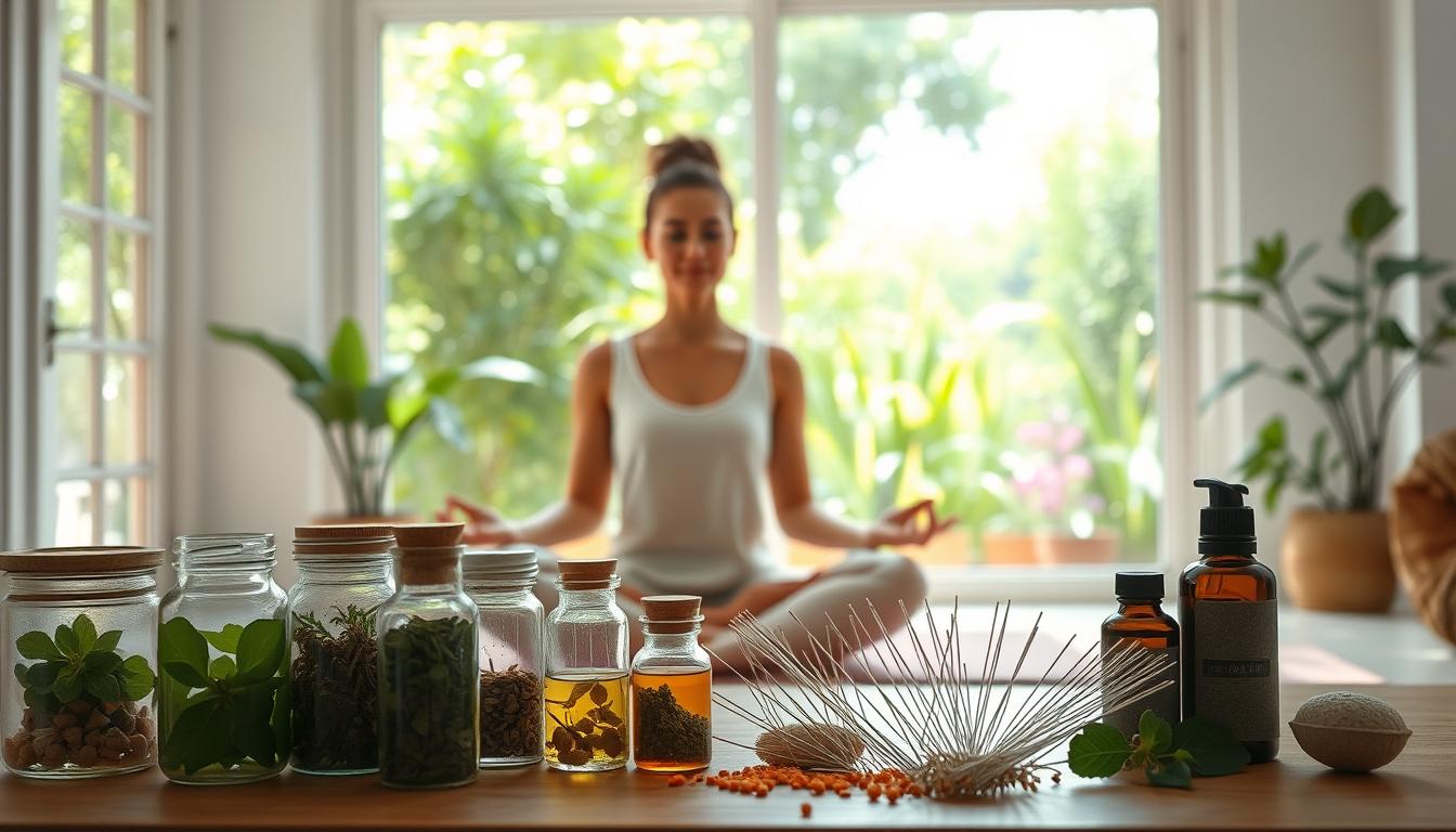 A tranquil, airy room filled with natural light. In the foreground, an array of holistic remedies - jars of herbs, essential oils, and acupuncture needles. The middle ground features a person sitting in a comfortable yoga pose, their expression serene and focused. Behind them, a large window overlooks a lush, vibrant garden, inviting a sense of connection with the natural world. The lighting is soft and diffused, creating a calming, therapeutic atmosphere. The overall scene conveys a harmonious integration of conventional and natural pain management strategies.