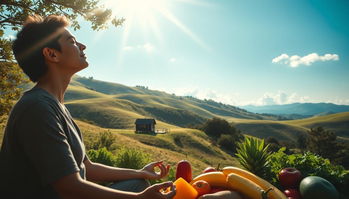 A tranquil landscape of rolling hills, a cozy cabin nestled in the distance. The foreground features a person in a meditative pose, their eyes closed, radiating an aura of calm and focus. Sunlight filters through the trees, casting a warm, golden glow over the scene. The middle ground showcases a bountiful array of fresh fruits and vegetables, symbolizing the nourishment and rejuvenation of a metabolic reset fasting. In the background, a clear blue sky with fluffy clouds, representing the sense of freedom and clarity achieved through this process. The overall atmosphere is one of serenity, balance, and the Healthy Squire's path to energy and vitality.