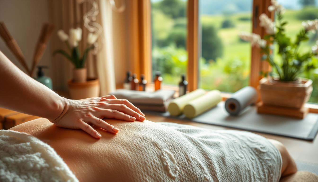 A tranquil massage therapy studio with soft lighting and soothing textures. In the foreground, the skilled hands of a masseuse gently kneading the neck and shoulders of a relaxed patient. Calming essential oils diffuse through the air, creating a vibrant, natural atmosphere. In the middle ground, a variety of self-care tools like heating pads and foam rollers suggest alternative migraine relief techniques. The background features a serene landscape with lush greenery, hinting at the restorative power of nature. An overall sense of balance, harmony, and natural healing pervades the scene.