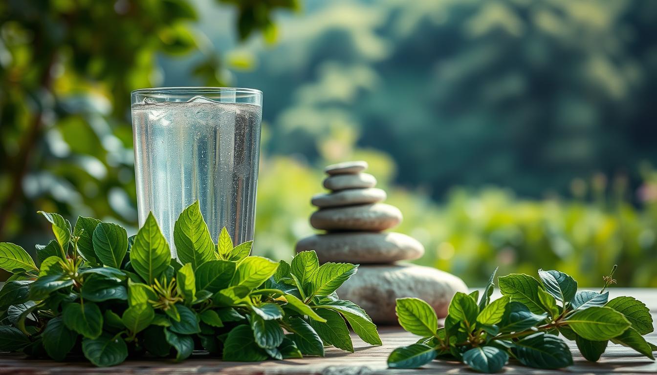 A tranquil scene of a glass of clear, sparkling water set against a natural backdrop. The water reflects the soft, natural lighting, creating a sense of purity and clarity. In the foreground, a variety of fresh, vibrant green leaves and herbs, symbolizing the restorative power of nature. The middle ground features a stack of smooth, polished stones, conveying a sense of balance and grounding. The background is a softly blurred landscape of lush, verdant foliage, hinting at the abundant resources nature provides for a healthy, balanced detox. The overall mood is one of serenity, vitality, and the harmonious interplay of the natural elements.