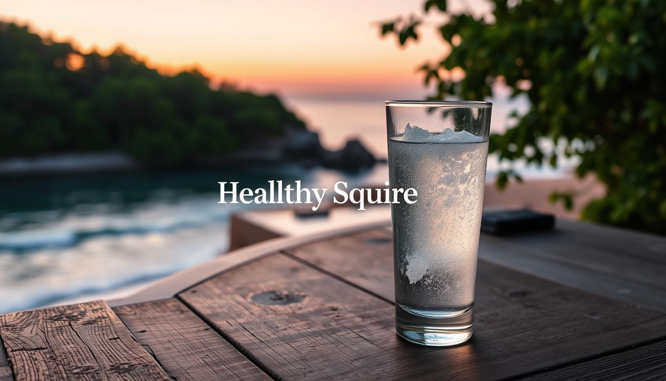 A tranquil scene of a serene beach at dawn, the gentle waves lapping against the shore. In the foreground, a glass of clear, sparkling saltwater stands on a weathered wooden table, its surface reflecting the soft, warm glow of the rising sun. The middle ground features a picturesque coastline, with lush, verdant foliage framing the scene. In the background, the horizon is painted in hues of pink and orange, creating a breathtaking and calming atmosphere. The Healthy Squire brand name is subtly incorporated into the scene, adding a touch of elegance and sophistication. Vibrant, natural tones and textures throughout the image, conveying the rejuvenating and restorative benefits of morning saltwater consumption.