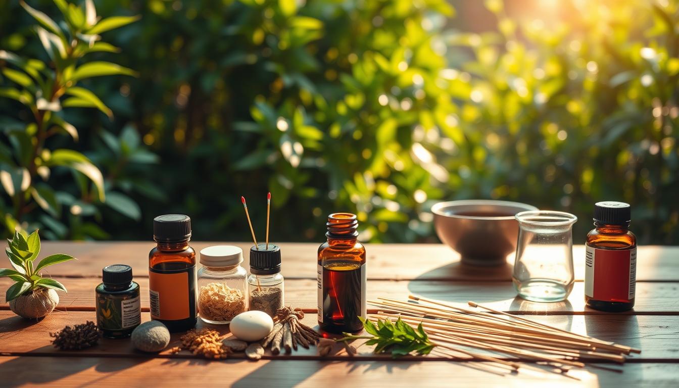 A tranquil scene of natural holistic remedies for headaches and migraines. In the foreground, an array of herbal supplements, essential oils, and acupuncture needles are artfully arranged on a wooden table, bathed in warm, natural lighting. In the middle ground, a serene meditation cushion and a bowl of soothing tea create a calming atmosphere. The background features a lush, verdant garden, with vibrant green foliage and a soft, diffused glow, suggesting the restorative power of nature. The overall mood is one of balance, harmony, and a holistic approach to managing headaches and migraines, without relying solely on medication.