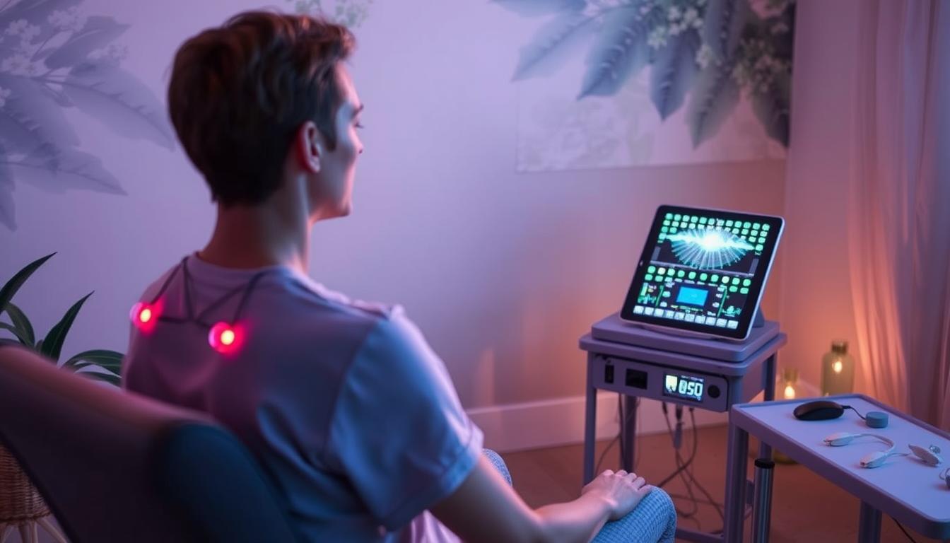 A tranquil setting showcasing the practice of biofeedback for migraine relief. In the foreground, a person sits in a comfortable chair, electrodes attached to their skin, monitoring their physiological responses on a sleek digital display. Soft, diffused lighting bathes the scene in a vibrant, calming glow. In the middle ground, an array of specialized biofeedback equipment, including various sensors and feedback devices, is neatly arranged. The background depicts a serene, nature-inspired environment, with soothing hues and gentle textures, creating an atmosphere of relaxation and healing. The overall composition conveys the essence of a non-pharmaceutical, holistic approach to managing migraines through the power of biofeedback techniques.