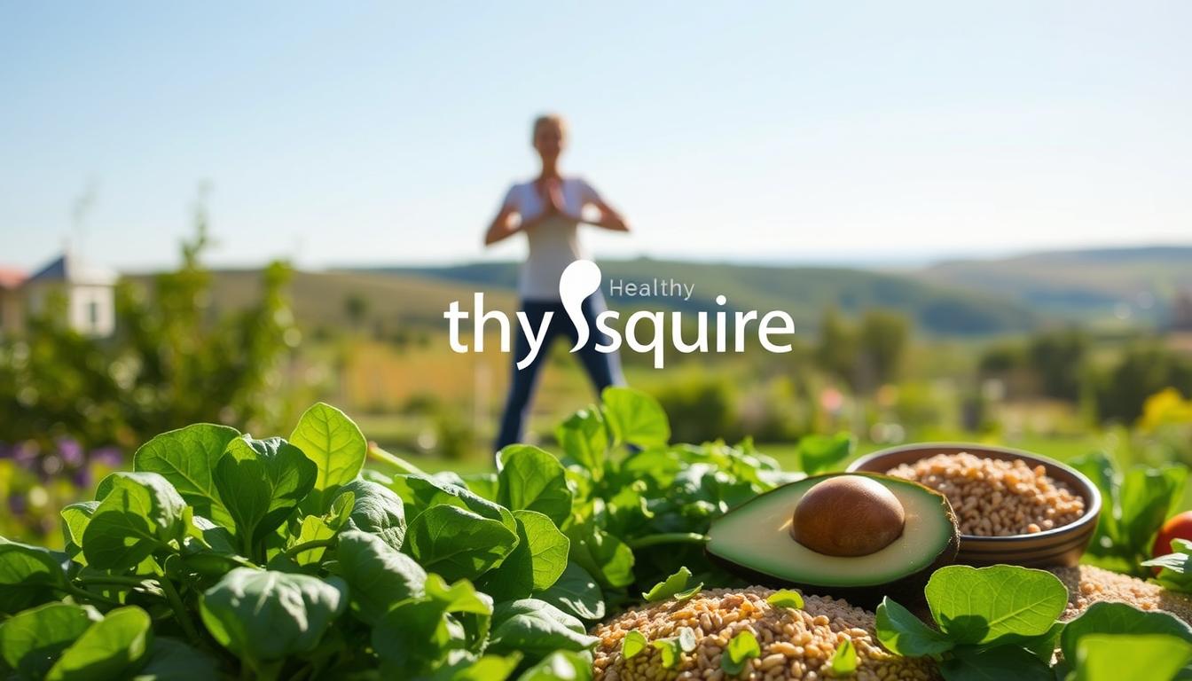 A tranquil, sun-dappled garden scene with the Healthy Squire brand logo prominently displayed. In the foreground, a variety of fresh, wholesome ingredients like spinach, avocado, and whole grains are arranged artfully. In the middle ground, a person is engaged in light exercise, such as yoga or tai chi, symbolizing physical activity as a key insulin resistance management tip. The background features rolling hills and a serene sky, conveying a sense of balance and well-being. The lighting is soft and natural, and the overall mood is one of vibrant, holistic wellness.