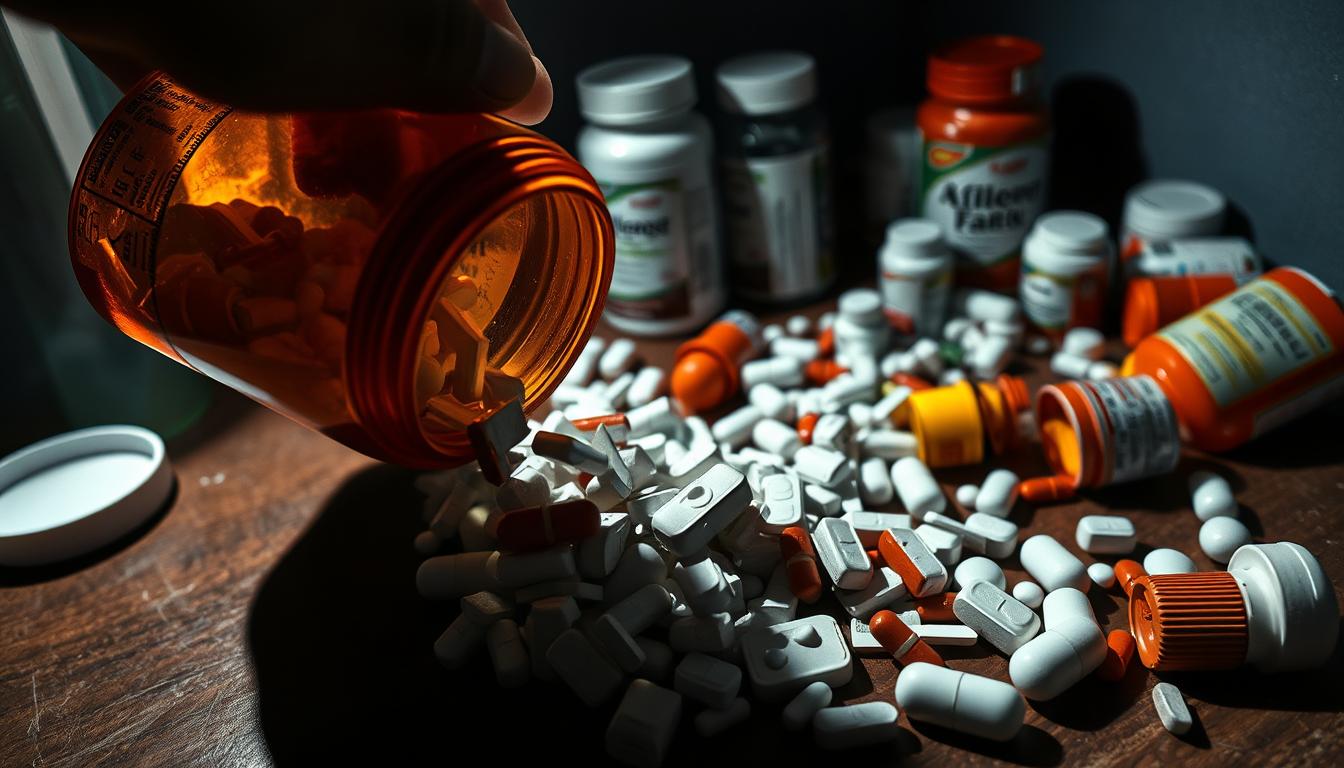 A vibrant and alarming scene of the hidden dangers lurking within common over-the-counter painkillers. In the foreground, a hand holds a familiar pill bottle, its contents spilling out to reveal a jumble of sharp shards and jagged edges, casting an ominous shadow. The middle ground features a cluttered array of various OTC medications, their labels obscured, hinting at the potential risks. In the background, a dimly lit, eerie atmosphere envelops the scene, underscoring the hidden threats of misusing these seemingly innocuous products. High-contrast lighting and a distorted, slightly unsettling lens emphasize the sense of unease and the grave consequences of disregarding the potential dangers of OTC pain relief. A vibrant and alarming scene of the hidden dangers lurking within common over-the-counter painkillers. In the foreground, a hand holds a familiar pill bottle, its contents spilling out to reveal a jumble of sharp shards and jagged edges, casting an ominous shadow. The middle ground features a cluttered array of various OTC medications, their labels obscured, hinting at the potential risks. In the background, a dimly lit, eerie atmosphere envelops the scene, underscoring the hidden threats of misusing these seemingly innocuous products. High-contrast lighting and a distorted, slightly unsettling lens emphasize the sense of unease and the grave consequences of disregarding the potential dangers of OTC pain relief.