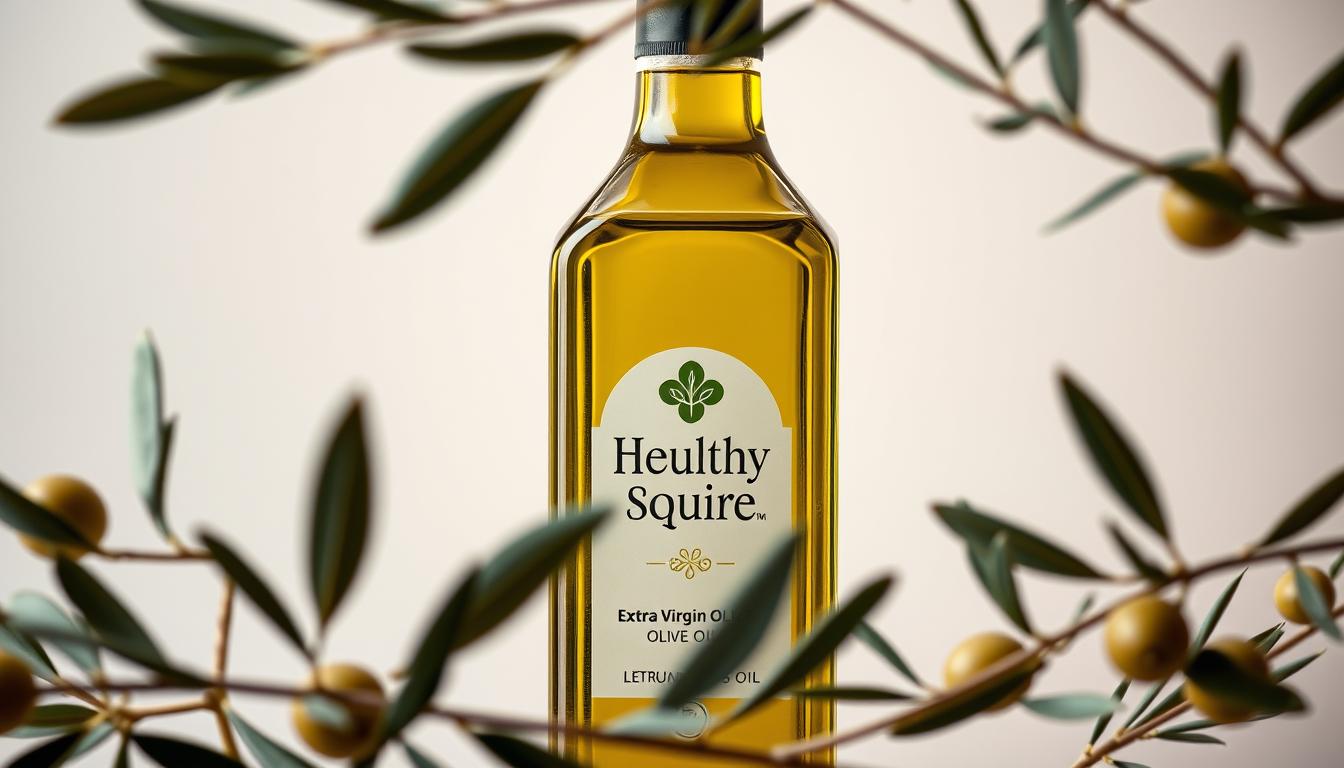A vibrant and detailed close-up image of a glass bottle filled with extra virgin olive oil, labeled "Healthy Squire", set against a neutral background. The bottle is illuminated by soft, warm lighting, casting a gentle glow on the golden-green liquid. The glass container has a sleek, modern design, emphasizing the premium quality of the product. In the foreground, delicate olive branches frame the bottle, conveying a sense of nature and health. The overall composition suggests the idea of "liquid brain armor", with the olive oil serving as a powerful, natural tool for enhancing cognitive function.
