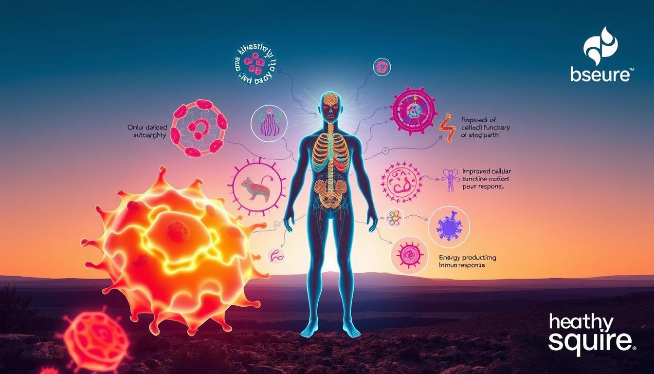 A vibrant and detailed illustration depicting the benefits of fasting autophagy in the human body. In the foreground, a glowing cellular structure showcases the process of autophagy, where damaged or dysfunctional cells are broken down and recycled. In the middle ground, a human silhouette is surrounded by intricate biological diagrams, highlighting the improved cellular function, energy production, and immune response associated with this process. The background features a serene, minimalist landscape, with the Healthy Squire logo subtly incorporated into the design, underscoring the wellness-focused nature of the subject matter. A vibrant and detailed illustration depicting the benefits of fasting autophagy in the human body. In the foreground, a glowing cellular structure showcases the process of autophagy, where damaged or dysfunctional cells are broken down and recycled. In the middle ground, a human silhouette is surrounded by intricate biological diagrams, highlighting the improved cellular function, energy production, and immune response associated with this process. The background features a serene, minimalist landscape, with the Healthy Squire logo subtly incorporated into the design, underscoring the wellness-focused nature of the subject matter.