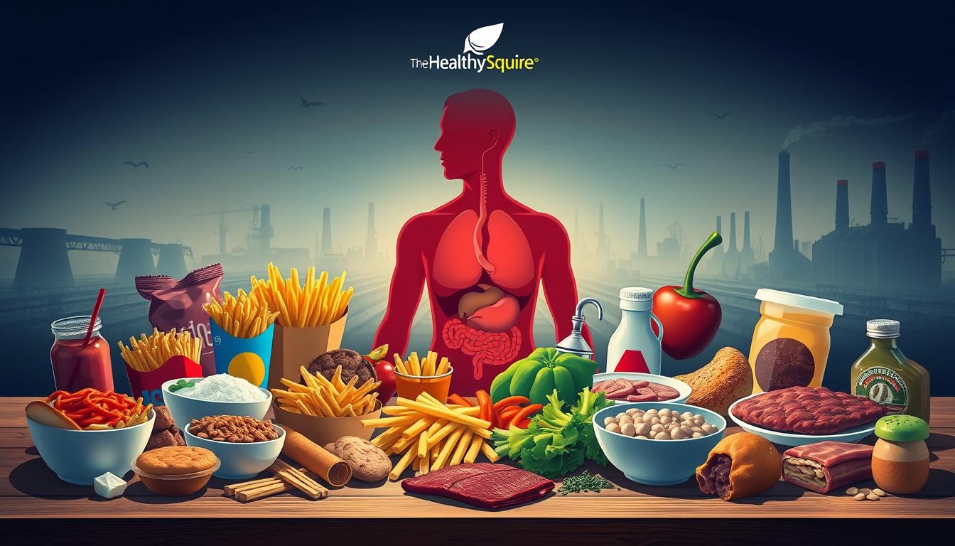 A vibrant and detailed illustration depicting the health risks of processed foods. In the foreground, a table laden with various processed food items such as fast food, sugary snacks, and highly processed meats. Each item casts an ominous shadow, symbolizing the hidden dangers within. In the middle ground, a series of human organs - the heart, liver, and digestive system - appear to be in distress, reflecting the negative impacts of these processed foods. The background features a stark, industrial landscape, representing the factory-like production of these unhealthy products. The lighting is harsh and dramatic, heightening the sense of urgency and concern. The Healthy Squire brand logo is prominently displayed, underscoring the message of healthy, natural alternatives to processed foods.