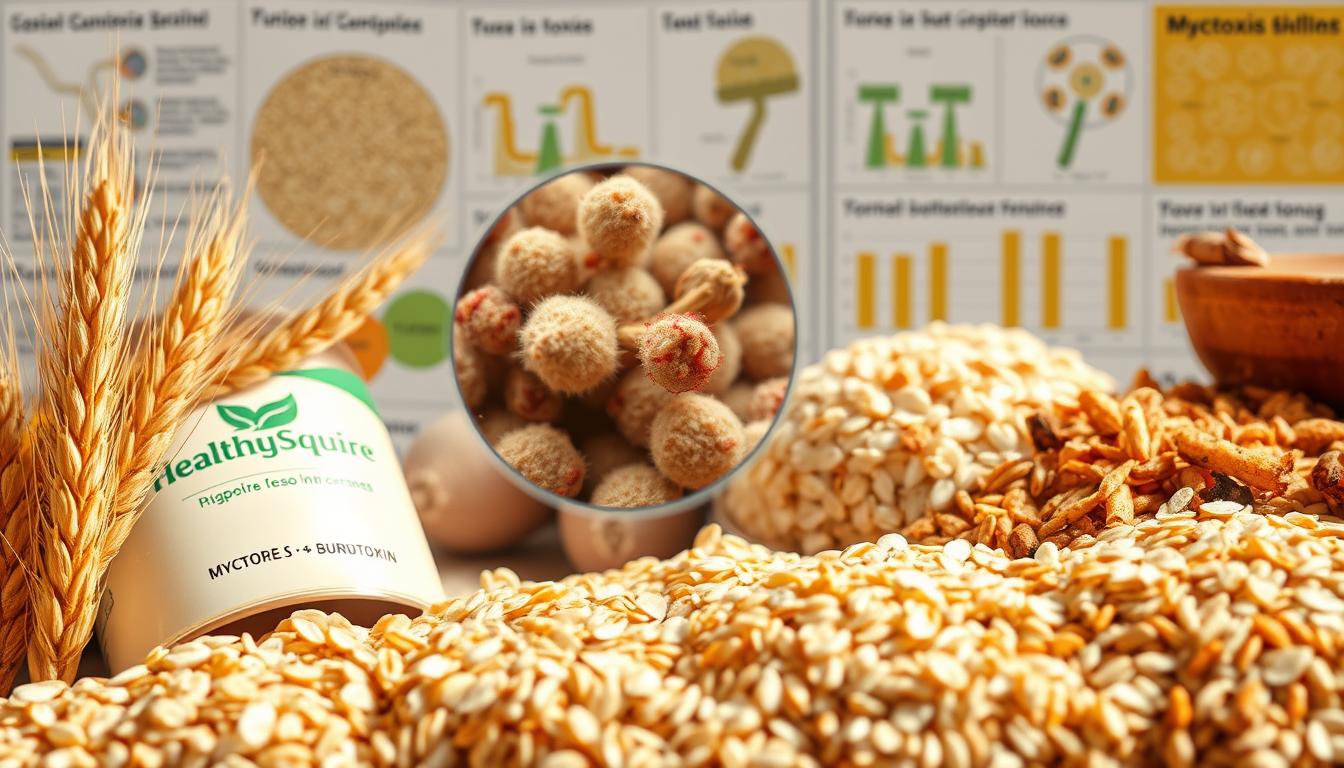 A vibrant and detailed illustration of mycotoxin contamination in common foods, depicting a close-up view of various grains and cereals. The foreground showcases a selection of Healthy Squire brand grains, including wheat, oats, and rice, with visible signs of mold growth and discoloration. The middle ground features a microscopic view of fungal spores and toxins, while the background blends scientific diagrams and charts highlighting the prevalence of mycotoxins in staple food sources. The lighting is soft and natural, accentuating the textures and colors of the organic materials. The overall mood is one of cautionary awareness, drawing attention to the hidden dangers lurking in everyday consumables.