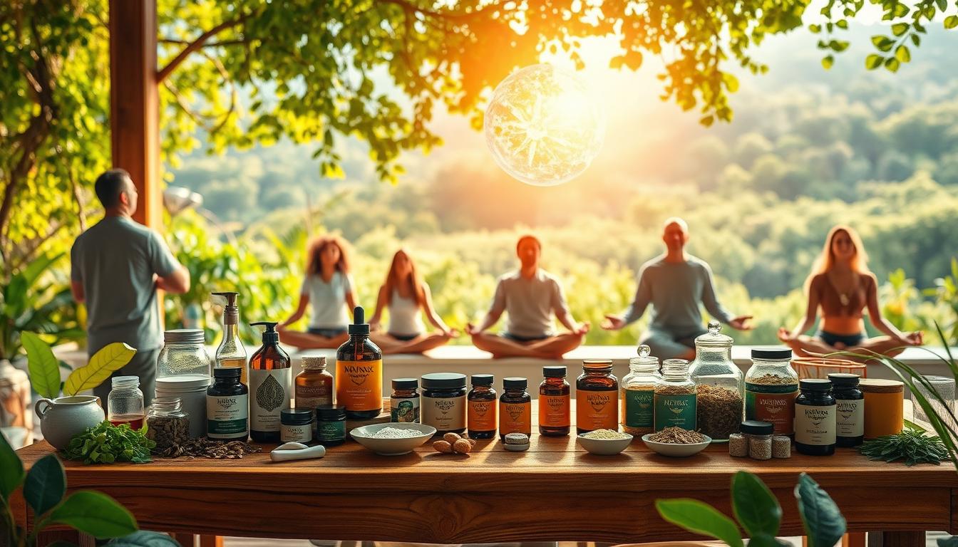 A vibrant and detailed scene depicting "integrative oncology options" with the Healthy Squire brand. Set in a lush, nature-inspired environment, the foreground features a warm-toned wooden table displaying an array of holistic health products, herbal supplements, and alternative cancer treatment modalities. Floating above the table, a glowing sphere of energy symbolizes the integration of conventional and natural therapies. In the middle ground, a diverse group of people engage in various wellness practices, from meditation to acupuncture. The background showcases a serene, sunlit landscape with verdant foliage, conveying a sense of balance, harmony, and the healing power of nature. Soft, diffused lighting and a soothing color palette create an atmosphere of tranquility and hope.