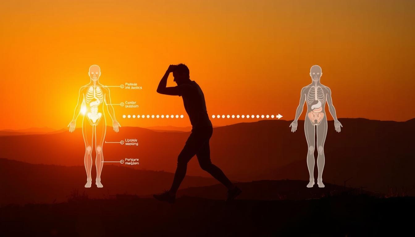 A vibrant and energetic scene depicting the fat-burning zone during a 24-hour fast. In the foreground, a person engages in dynamic exercises, their body silhouetted against a glowing orange backdrop, symbolizing the metabolic shift into fat-burning mode. The middle ground features a simplified anatomical diagram of the human body, highlighting the key systems and processes involved in lipolysis. In the background, a minimalist landscape with rolling hills and a setting sun casts a warm, golden glow, reinforcing the sense of time and the natural rhythms of the body. The overall composition conveys the power, efficiency, and transformative potential of the fat-burning state, inspiring the viewer to embark on their own 24-hour fasting journey.