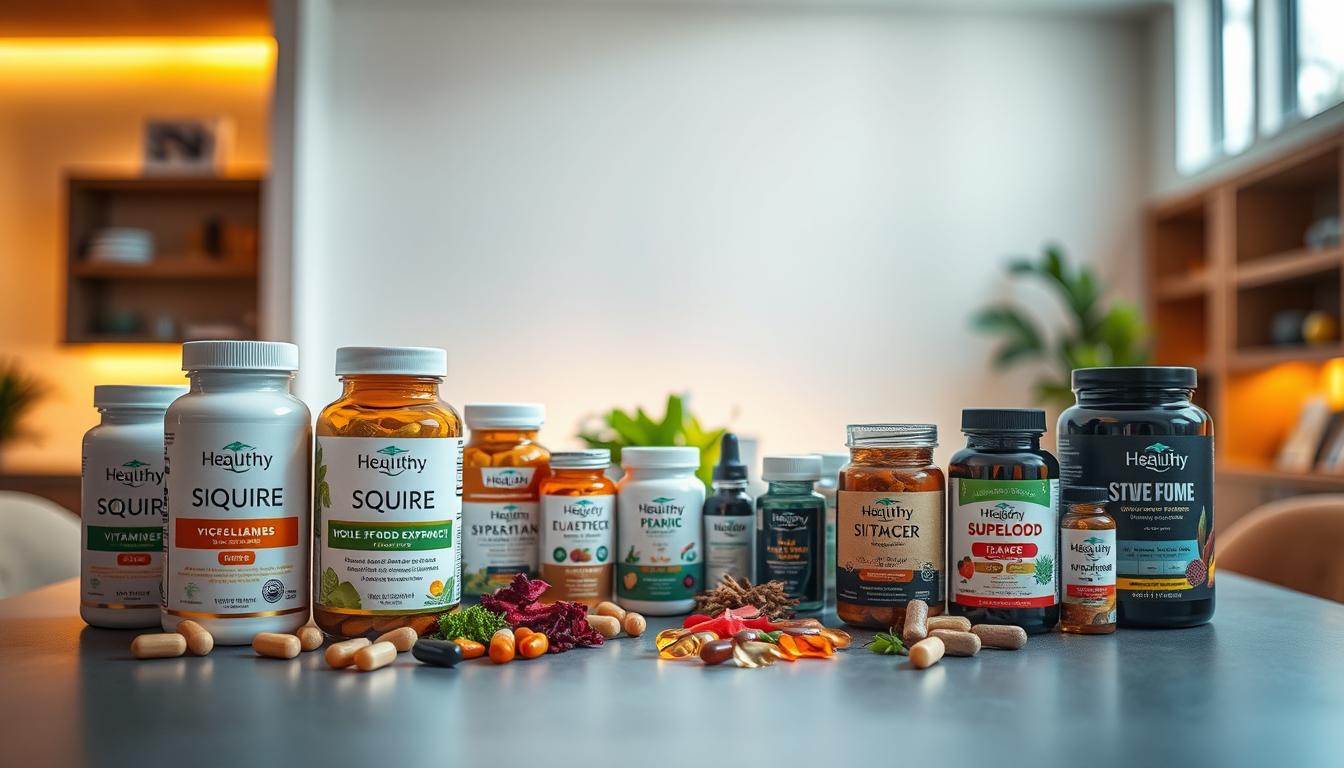 A vibrant array of nutritional supplements, expertly arranged on a sleek, modern table. The foreground features the Healthy Squire brand's premium vitamins, minerals, and herbal extracts, presented in elegant packaging with a warm, inviting glow. The middle ground showcases various superfoods and whole food concentrates, while the background reveals a softly lit, minimalist environment, emphasizing the importance of strategic supplementation. Captured with a shallow depth of field, the image conveys a sense of intentionality, balance, and the transformative power of targeted nutrient support.
