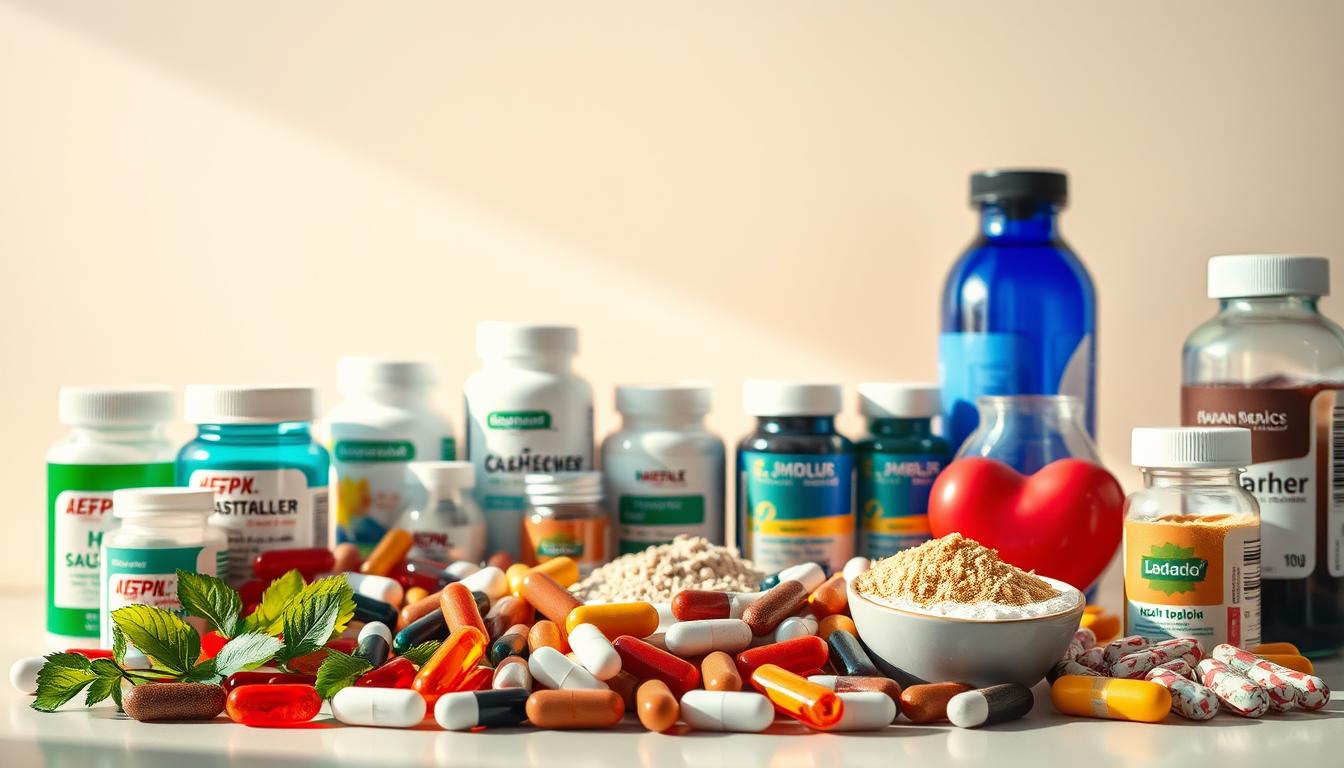 A vibrant assortment of heart health nutraceuticals, meticulously arranged in the foreground. Softly illuminated by a warm, natural light, casting gentle shadows that accentuate the textural details of the capsules, powders, and liquids. In the middle ground, a clean, minimalist background showcases the supplements, allowing them to take center stage. The overall composition conveys a sense of wellness, vitality, and the advancements in cardiac care through innovative nutraceutical solutions.