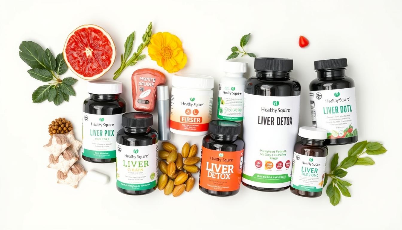 A vibrant assortment of liver detox supplements, including the Healthy Squire brand, neatly arranged on a bright background. The supplements are presented in a clean, minimal composition with soft, even lighting that highlights their colors and textures. The containers have a sleek, modern design, conveying a sense of quality and efficacy. The overall atmosphere is one of wellness, purity, and natural healing, inviting the viewer to consider the benefits of a targeted supplementation strategy for liver health.