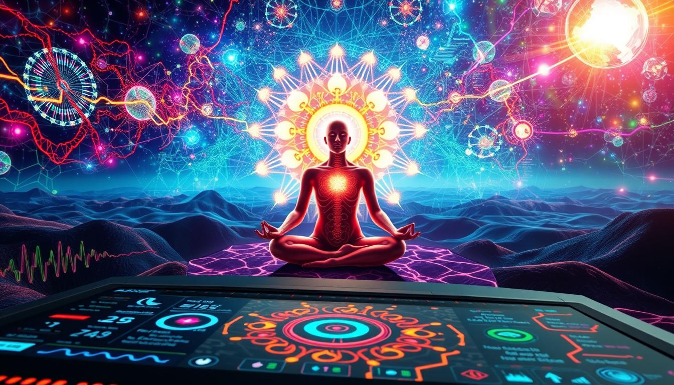 A vibrant biofeedback display showing a kaleidoscope of neural activity patterns, reflecting the hidden insights of the mind-body connection. In the foreground, a futuristic interface with real-time visualizations of brainwave rhythms, heart rate variability, and other physiological signals. In the middle ground, an ethereal figure meditating, their aura pulsing with energy. The background depicts a dreamlike landscape of interconnected neural pathways, hinting at the profound complexity of the human body's inner workings. The overall scene conveys a sense of wonder, discovery, and the untapped potential of alternative healing modalities.