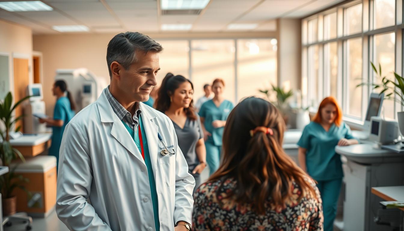 A vibrant, bustling medical office scene. In the foreground, a doctor in a pristine white coat consults with a patient, their faces reflecting deep empathy and concern. In the middle ground, nurses hurry between exam rooms, efficiently managing patient flow. The background reveals a well-equipped treatment area, with state-of-the-art medical devices and a soothing, nature-inspired décor, creating a holistic, healing environment. Warm, diffused lighting filters through large windows, enveloping the space in a calming glow. The overall atmosphere conveys a sense of compassionate, patient-centered care, where time constraints are seamlessly navigated to provide comprehensive support for cancer patients.