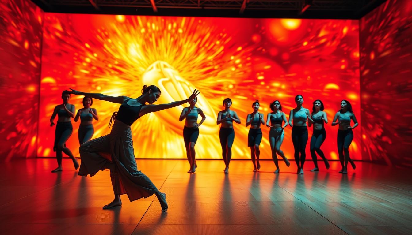 A vibrant choreographic display of cardiac wellness movement patterns. In the foreground, a graceful figure performs a flowing series of yoga-inspired poses, their body undulating with controlled precision. In the middle ground, a group of individuals move in synchrony, their movements mirroring the rhythmic contractions of a healthy heart. The background is awash in a kaleidoscope of warm, pulsing hues, evoking the energy and vitality of the cardiovascular system. Dramatic lighting casts dramatic shadows, emphasizing the dynamic interplay of muscle and sinew. The scene is captured with a wide-angle lens, conveying a sense of dynamism and wholeness.