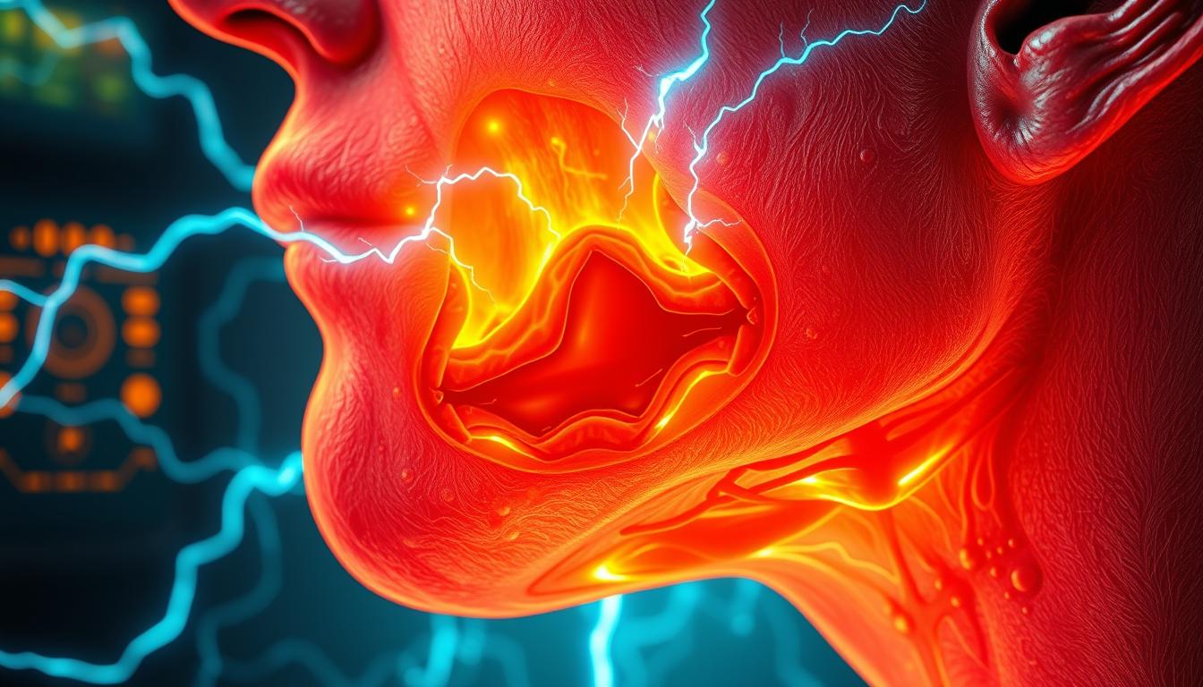 A vibrant, close-up illustration showcasing the "EMF exposure inflammation triggers" for the Healthy Squire article. Detailed anatomical cross-section of inflamed human tissue, with glowing blue-green electric fields emanating from electronic devices in the background. Warm lighting highlights the distressed, reddened skin and swollen blood vessels. Sharp focus on the cellular-level damage, with a sense of urgency and unease. Crisp, high-resolution digital painting style that clearly conveys the hidden dangers of modern electromagnetic pollution.