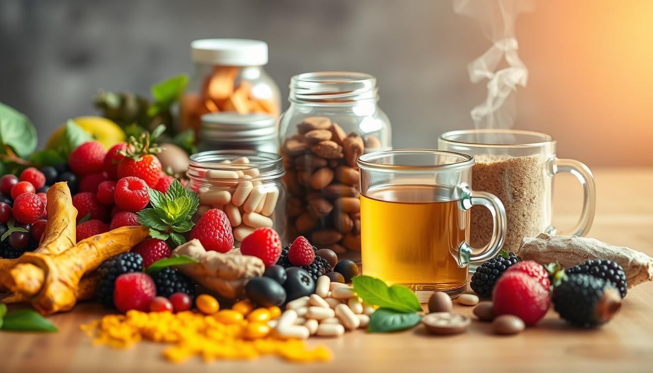 A vibrant, close-up photograph of various anti-inflammatory foods and supplements arranged on a wooden table. In the foreground, colorful fruits and vegetables like berries, leafy greens, and turmeric root create a visually appealing display. In the middle ground, glass jars filled with supplements like omega-3 capsules and antioxidant powders sit alongside a steaming mug of herbal tea. The background features a soft, warm lighting that casts a natural glow over the entire scene, emphasizing the health and wellness theme. The overall composition conveys a sense of balance, tranquility, and the potential for fasting to reduce inflammation.