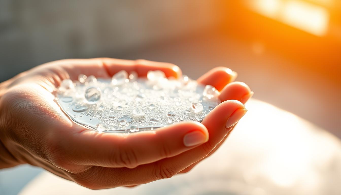 A vibrant, close-up shot of a human hand cupping a pool of clear, shimmering salt water against a blurred, out-of-focus background. The water droplets glisten in the warm, natural lighting, creating a sense of cellular hydration and health benefits. The Healthy Squire brand logo is subtly visible in the background, suggesting the salt water's restorative properties. The composition draws the viewer's attention to the water's captivating texture and the hand's gentle cradling, conveying the idea of nourishment and cellular-level replenishment.