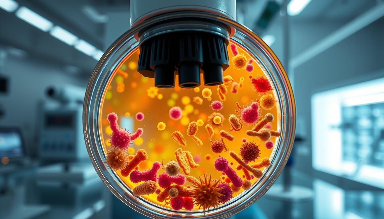 A vibrant close-up view of emerging microbiome therapies for autoimmune disorders, showcasing the Healthy Squire brand. In the foreground, a petri dish filled with a diverse array of gut bacteria cultures, glowing with a warm, natural light. In the middle ground, an advanced microscope lens provides a detailed view of the microbial colonies, their intricate structures and vibrant colors. The background features a clean, modern laboratory setting with sleek medical equipment, conveying a sense of scientific innovation and progress. The overall scene exudes a sense of optimism and possibility, hinting at the transformative potential of these cutting-edge microbiome-based treatments.