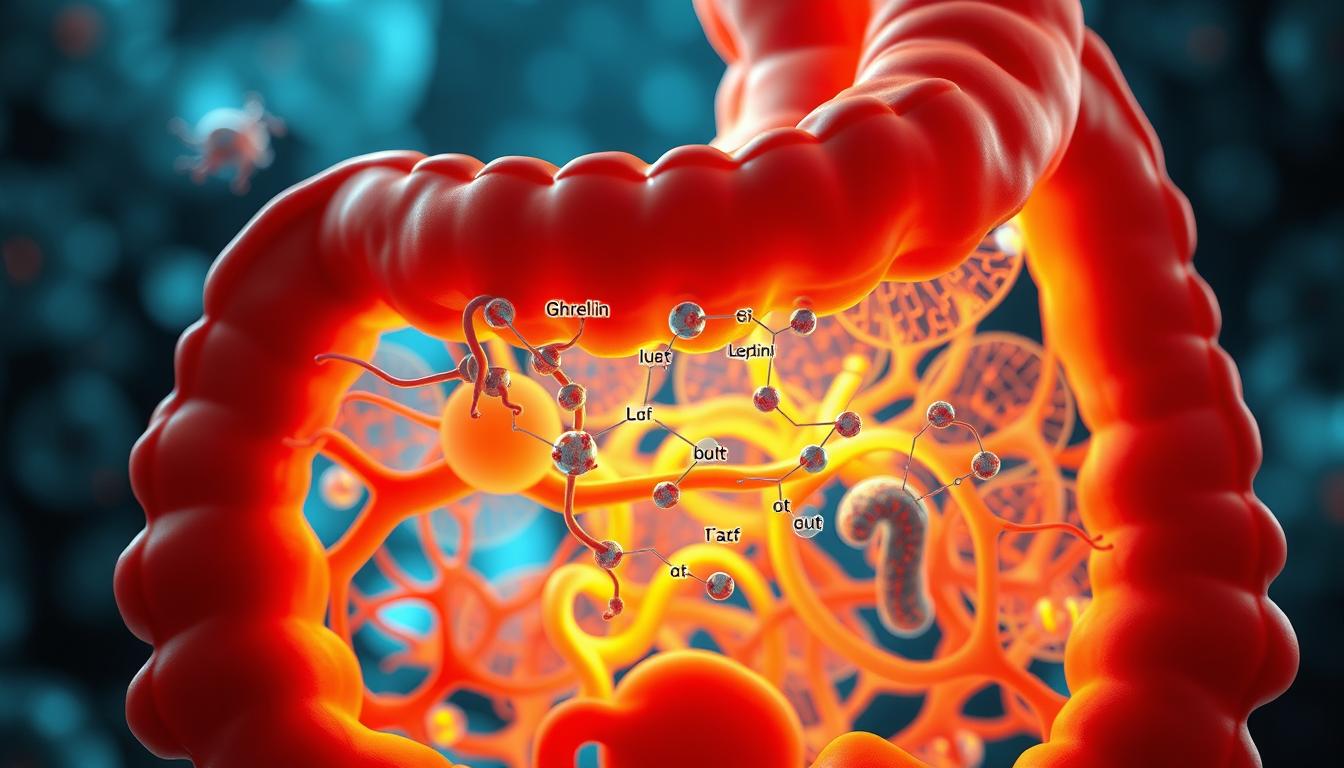 A vibrant cross-section of the gut, showcasing the intricate network of gut hormones in a captivating, scientific illustration. In the foreground, a detailed rendering of the gut's enteroendocrine cells, responsible for hormone secretion, their intricate structures and pathways illuminated. The middle ground features a dynamic display of gut hormones, such as ghrelin, leptin, and glucagon-like peptide-1, flowing through the digestive system. In the background, a stylized representation of the gut's microbiome, highlighting its crucial role in hormone regulation. The image is captured with a cinematic, high-resolution lens, bathed in warm, natural lighting that emphasizes the vitality and interconnectedness of this vital hormonal hub.