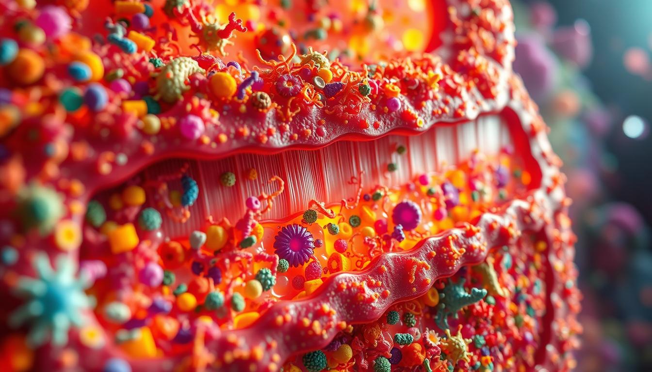 A vibrant, detailed cross-section of a healthy gut microbiome, showcased as a secret weapon for weight management. In the foreground, an abundance of diverse, colorful microbial organisms thrive, their intricate structures and interactions visible. The middle ground reveals the gut lining, with its delicate villi and absorptive systems. In the background, a warm, glowing light illuminates the scene, casting a natural, organic ambiance. Captured with a wide-angle lens to emphasize the scale and complexity of this vital ecosystem, the image exudes a sense of vitality and the power of gut health to support weight management.