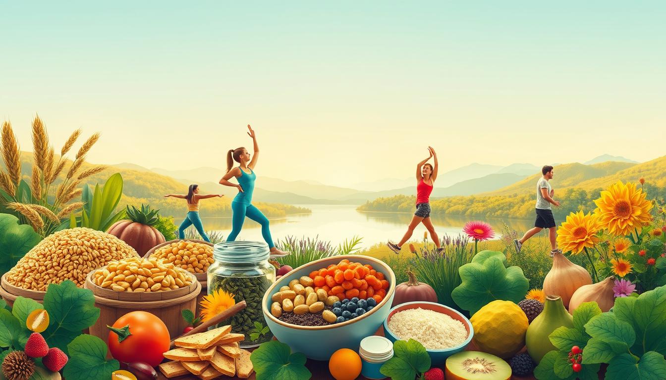 A vibrant, detailed illustration depicting alternative methods for insulin resistance, as part of the "How to Fix Insulin Resistance Without Medication" section of the "Healthy Squire" article. In the foreground, various natural remedies are prominently displayed, such as whole grains, vegetables, fruits, and dietary supplements. The middle ground showcases people engaging in physical activities like yoga, hiking, and resistance training. In the background, a serene, nature-inspired landscape sets the mood, with lush greenery, a tranquil lake, and warm, diffused lighting. The overall composition conveys a holistic, wellness-focused approach to managing insulin resistance without medication.