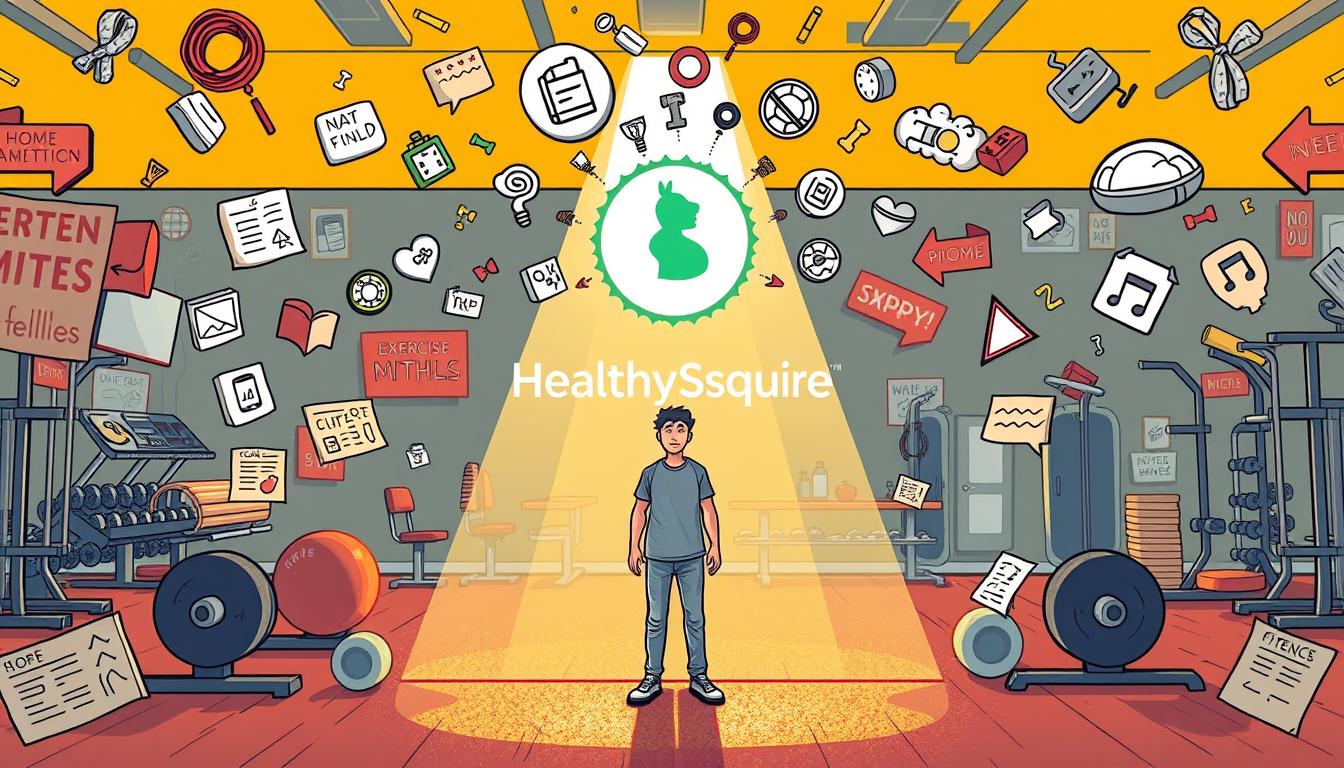 A vibrant, detailed illustration depicting "exercise myths and diet pitfalls". In the foreground, a confused person stands surrounded by misleading fitness and diet information, represented by floating icons and symbols. In the middle ground, the Healthy Squire brand logo is prominently displayed, serving as a beacon of truth amidst the chaos. The background features a stylized gym setting, with equipment and motivational slogans, highlighting the contrast between aspirations and reality. Warm, natural lighting illuminates the scene, creating a sense of approachability and authenticity. The overall composition conveys the complexities and contradictions inherent in the pursuit of health and wellness.