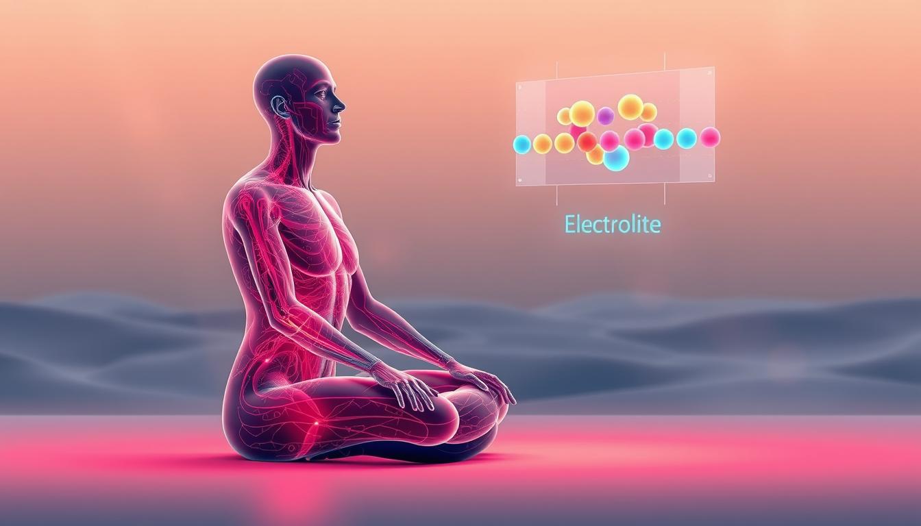 A vibrant, detailed illustration depicting the electrolyte balance during fasting. In the foreground, a transparent human figure sits cross-legged, with glowing veins and arteries visible beneath the skin, showcasing the intricate electrolyte pathways. The middle ground features a floating, holographic display of electrolyte levels, visualized as colored orbs fluctuating in a rhythmic pattern. The background is a serene, minimalist landscape of soft gradients, with subtle lighting effects casting a warm glow over the scene. The overall composition conveys a sense of balance, introspection, and the delicate interplay of the body's internal systems during the fasting process.