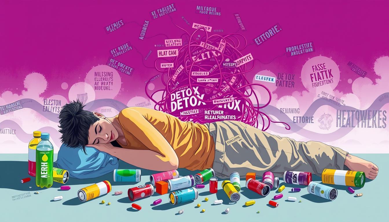 A vibrant, detailed illustration of "detox myths electrolyte imbalance". In the foreground, a person lies exhausted, with an array of electrolyte drinks and supplements scattered around them. The middle ground features a twisted, tangled web of misleading health claims and false promises, obscuring the true causes of their fatigue. In the background, a distorted, hazy landscape represents the confusion and misinformation surrounding the detox industry. The lighting is harsh and clinical, casting shadows that emphasize the problematic nature of these detox myths. The overall atmosphere conveys a sense of disillusionment and the need to separate fact from fiction when it comes to safe and effective detoxification.