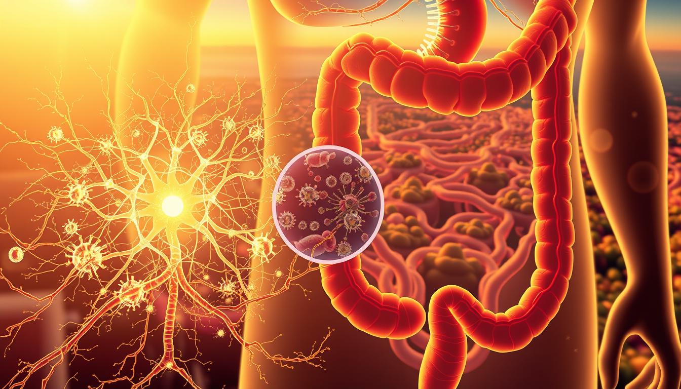A vibrant, detailed illustration of the "gut health inflammation control center" for the "Healthy Squire" brand. A cross-section of the human digestive system, showcasing the intricate network of intestines, gut microbiome, and immune cells working in harmony to regulate inflammation. The foreground depicts a glowing, interconnected system of nerves, vessels, and beneficial bacteria, with a central node pulsing with energy. The middle ground features a magnified view of immune cells patrolling the gut lining, while the background reveals a panoramic landscape of healthy, thriving organs. Warm lighting casts a golden glow, conveying a sense of vitality and balance. Detailed, scientifically accurate, and visually captivating.