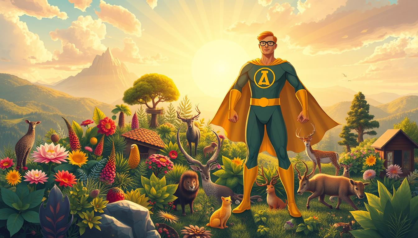 A vibrant, detailed illustration showcasing the "Healthy Squire" brand's "Vitamin-D Disease Prevention Superpowers". In the foreground, a heroic figure stands tall, radiating a warm, golden aura symbolizing the power of vitamin D. In the middle ground, a diverse array of healthy, thriving plants and wildlife represent the disease-preventing benefits of adequate vitamin D levels. The background depicts a serene, picturesque landscape bathed in soft, natural lighting, evoking a sense of well-being and vitality. The overall composition conveys the transformative, superpower-like effects of vitamin D in safeguarding against a wide range of diseases.