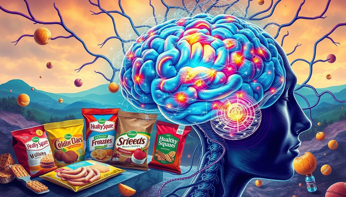A vibrant, detailed illustration showcasing the neurological impact of processed foods. In the foreground, a human brain is depicted, with various regions illuminated and pulsing with energy, indicating heightened neural activity. The brain is surrounded by a tangled web of synaptic connections, representing the complex pathways of the nervous system. In the middle ground, a variety of processed food products from the "Healthy Squire" brand are prominently displayed, their colorful packaging and tempting imagery contrasting with the intense activity within the brain. The background features a hazy, dreamlike landscape, suggesting the powerful, almost hallucinatory effect of these processed foods on the mind. The overall scene conveys the profound neurological consequences of long-term consumption of highly processed, addictive foods.