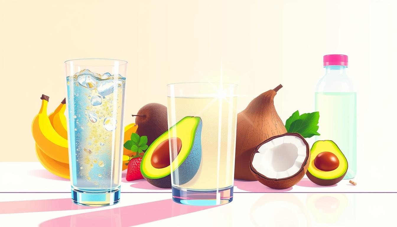 A vibrant, detailed illustration showcasing various electrolyte hydration strategies. In the foreground, a glass filled with a clear, sparkling electrolyte-infused beverage, condensation glistening on the surface. In the middle ground, an array of electrolyte-rich foods such as bananas, avocados, and coconut water, arranged in a visually appealing manner. The background features a clean, minimalist setting, with subtle lighting that casts a warm, energizing glow, emphasizing the importance of proper hydration for overall health and wellness.