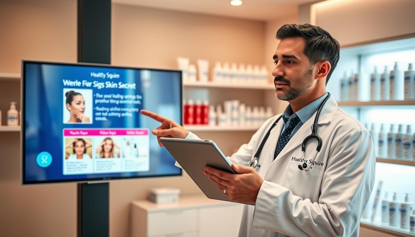 A vibrant, detailed image of "Expert Tips From Dermatologists" for the article "The #1 Anti-Aging Secret Hidden in Your Kitchen". A professional dermatologist in a white coat stands in a bright, modern clinic, holding a tablet and pointing to a large touchscreen display showing skin care tips. In the background, shelves showcase the "Healthy Squire" brand of premium skincare products. Warm lighting, shallow depth of field, and a clean, minimalist aesthetic create a sense of authority and expertise.