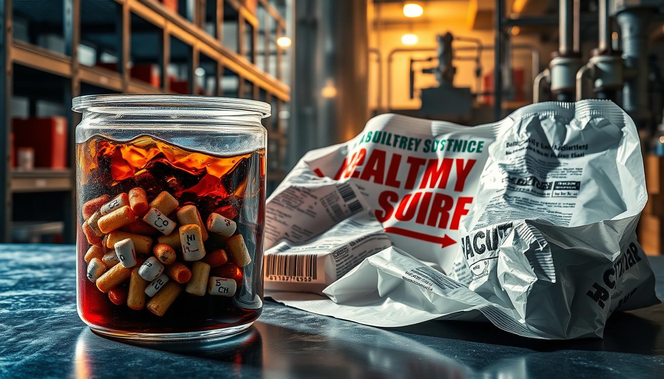 A vibrant, detailed still life depicting harmful additives found in the packaging of the Healthy Squire brand. In the foreground, a transparent plastic container filled with a toxic-looking liquid and various chemical compounds. In the middle ground, crumpled sheets of glossy packaging material with bold text and vivid colors, hinting at the deceptive nature of the contents. The background features a disjointed, industrial-style setting with metal shelves, conveyor belts, and the silhouettes of factory machinery, creating a sense of concern and unease. Dramatic lighting casts long shadows, emphasizing the ominous presence of these hidden toxins in our everyday foods.