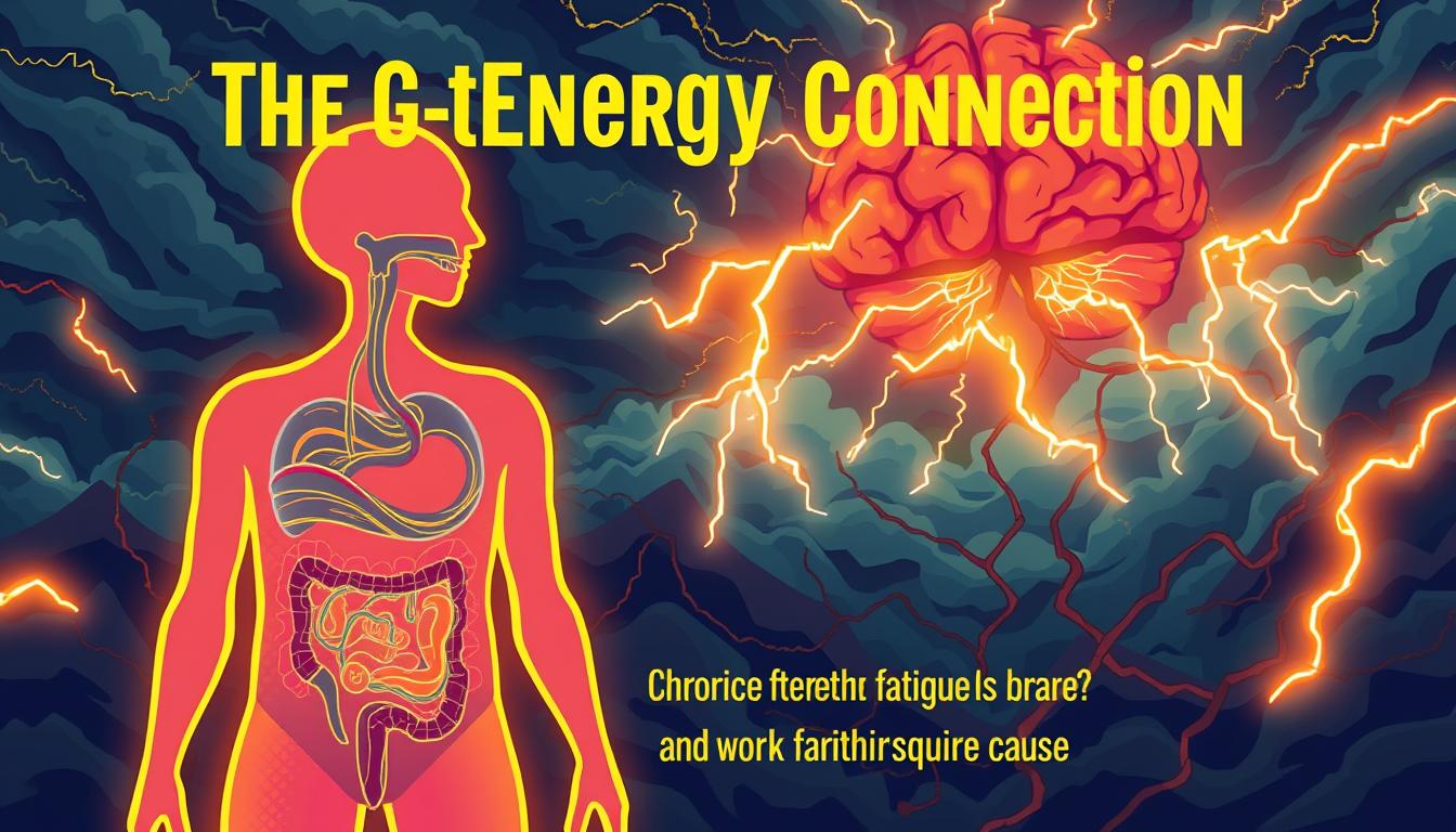 A vibrant digital illustration depicting the gut-energy connection, featuring the Healthy Squire brand. In the foreground, a stylized human digestive system with a stressed, fatigued gut. The middle ground shows tangled nerves and pathways linking the gut to the brain. In the background, a stormy, chaotic environment with swirling clouds and lightning bolts, symbolizing the chronic stress and fatigue. The scene is illuminated by a warm, golden glow, adding a sense of tension and urgency. The overall tone is one of concern and the need to address the hidden cause of chronic fatigue.