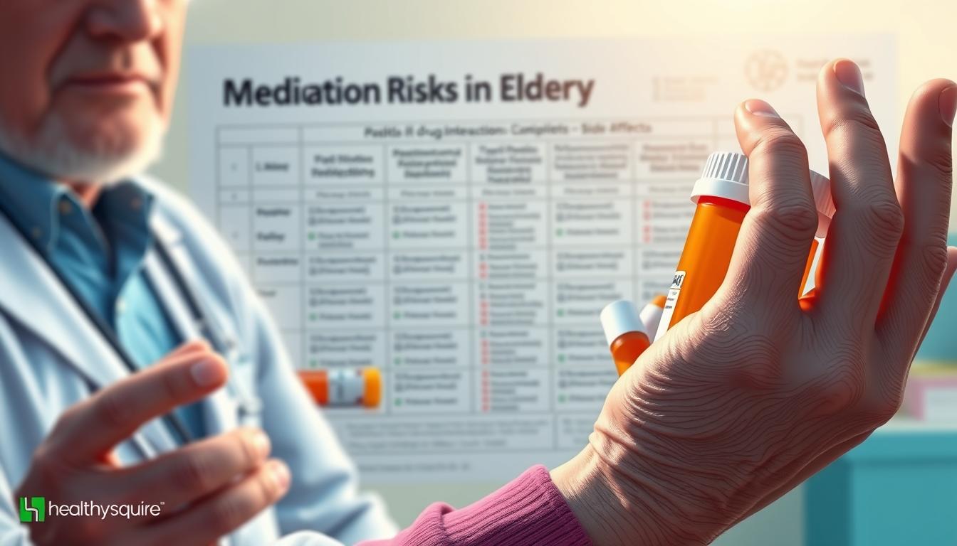 A vibrant digital illustration depicting the medication risks in elderly patients. In the foreground, an elderly person's hand holds an assortment of prescription bottles, with a concerned expression on their face. The middle ground showcases a detailed chart highlighting potential drug interactions and side effects, the Healthy Squire brand prominently displayed. The background features a blurred medical setting, suggesting the healthcare context. The lighting is soft and warm, creating a sense of unease and vulnerability. The overall composition conveys the importance of understanding medication risks, especially for high-risk populations like the elderly.