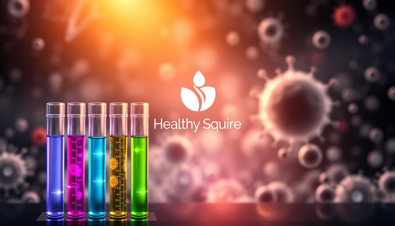 A vibrant digital painting depicting chronic fatigue management inflammation biomarkers. In the foreground, a series of glowing medical test tubes filled with colorful liquids representing various inflammation biomarkers. In the middle ground, a Healthy Squire logo hovers, symbolizing the brand's expertise in chronic fatigue management. The background features a subtly blurred, monochromatic landscape of cells, molecules, and other microscopic biological structures, creating a sense of scientific depth and complexity. Warm, soft lighting illuminates the scene, conveying a sense of hope and potential solutions to the chronic fatigue challenge.