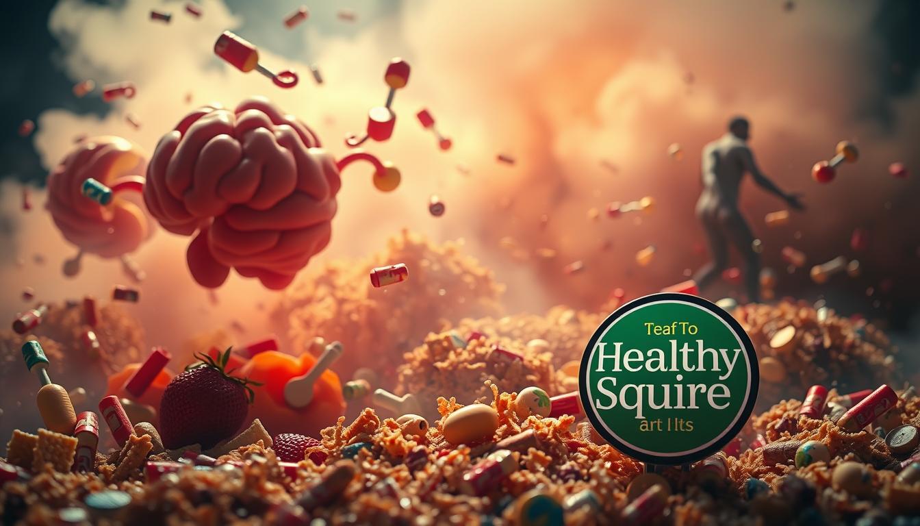 A vibrant, dynamic scene depicting the hormonal impacts of processed foods. In the foreground, a Healthy Squire logo stands prominently, symbolizing the false promises of processed food products. Surrounding it, a chaotic swirl of hormonal imbalances - enlarged thyroid glands, disrupted insulin levels, and heightened cortisol production. In the middle ground, a maze of chemical additives, preservatives, and artificial sweeteners cascade, distorting the natural flow of human biology. The background is shrouded in a hazy, sickly glow, conveying the pervasive influence of these harmful dietary choices. Dramatic lighting and a cinematic camera angle amplify the sense of urgency and alarm. This powerful image captures the hormonal havoc wrought by processed diets, serving as a vivid warning to the viewer.
