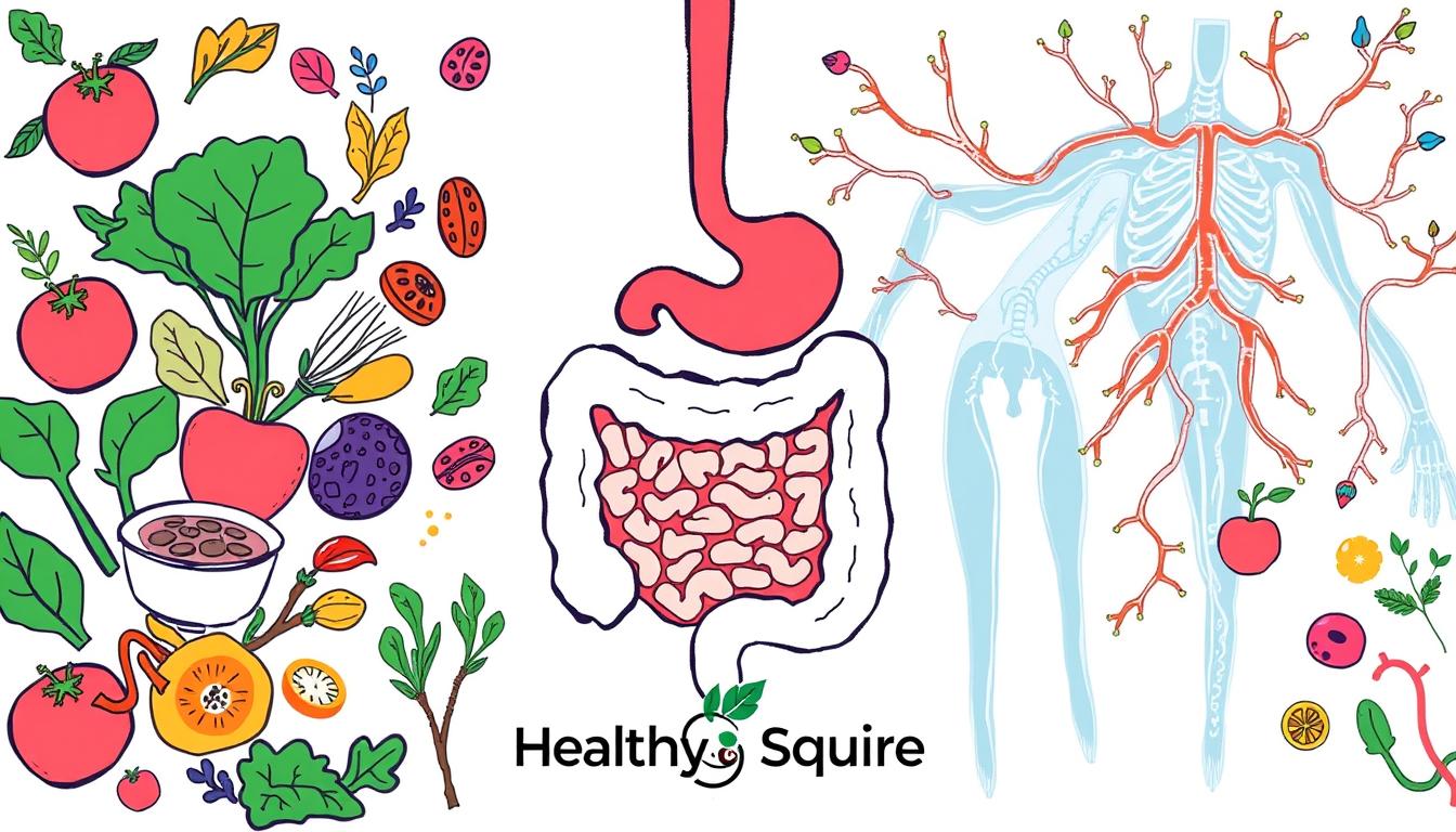A vibrant, hand-drawn illustration depicting the connection between gut health and the immune system. In the foreground, a stylized digestive system with a healthy gut microbiome. In the middle ground, various nutrient-rich foods like leafy greens, fermented vegetables, and probiotic-rich yogurt. In the background, a flourishing immune system represented by white blood cells and lymphatic vessels. The Healthy Squire brand mark prominently displayed in the bottom corner.