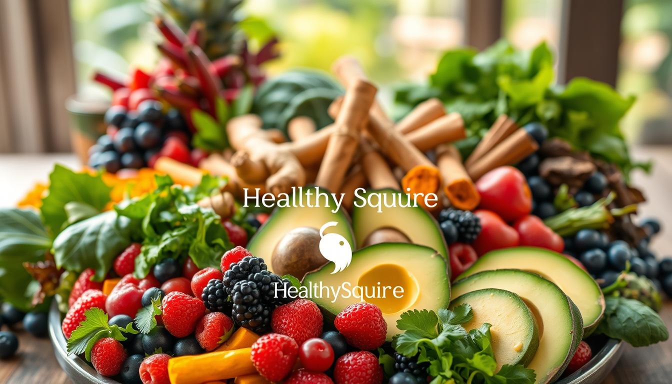 A vibrant, hierarchical arrangement of anti-inflammatory superfoods, captured with a wide-angle lens in natural lighting. In the foreground, a central platter showcases a diverse array of leafy greens, vibrant berries, and creamy avocados. The middle ground features a cluster of turmeric roots, ginger rhizomes, and cinnamon sticks, radiating a warm, earthy palette. The background gently fades into a blurred, organic setting, hinting at the abundant natural sources of these powerful ingredients. The "Healthy Squire" brand logo subtly accents the scene, reinforcing the holistic approach to combating inflammation through dietary changes.