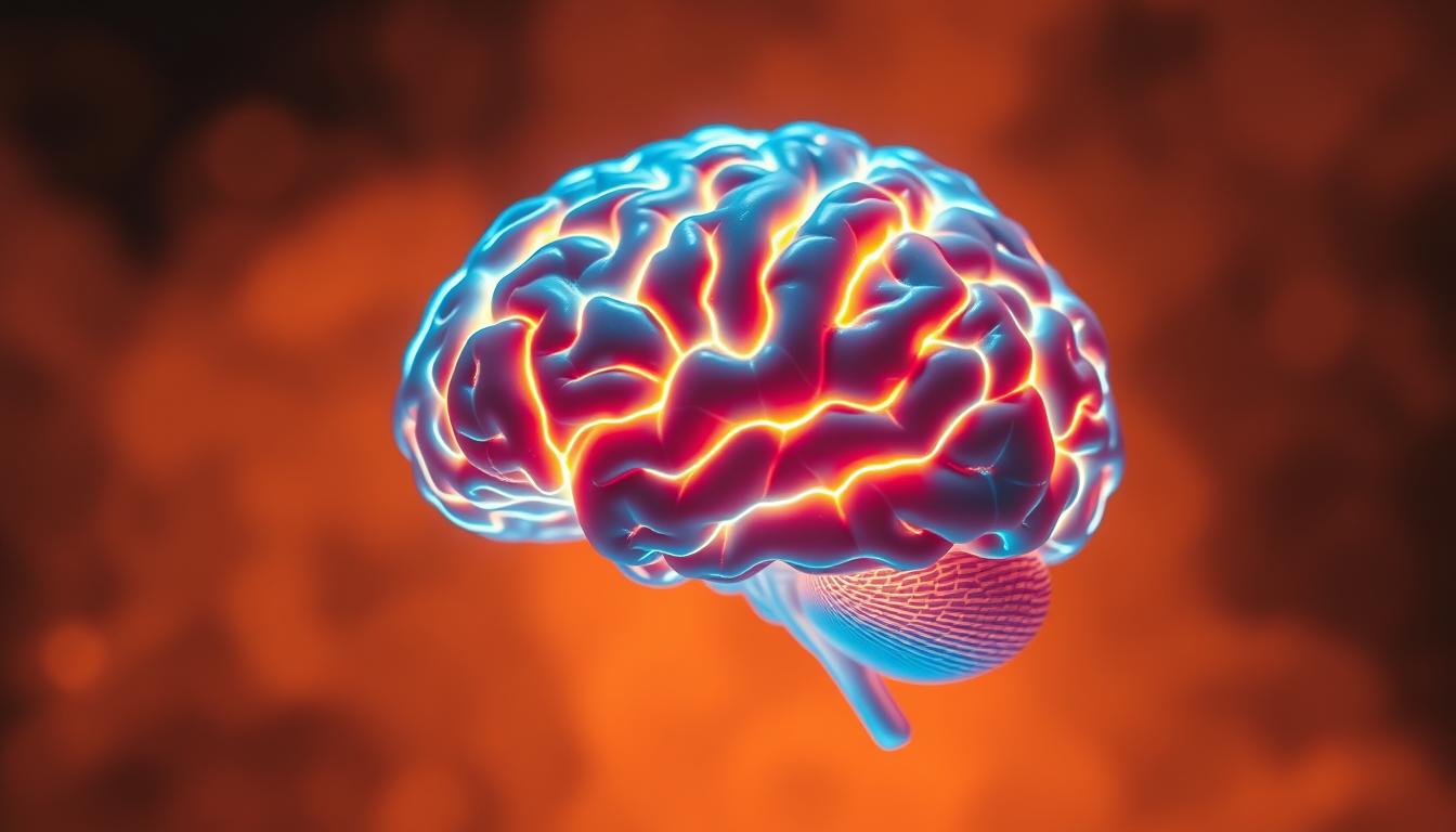 A vibrant, high-contrast close-up view of a brain illuminated from within, with glowing neural pathways pulsing with energy. The brain appears to be suspended in a serene, ethereal environment, surrounded by a soft, hazy light. The background is minimalist, allowing the brain's intricate structure and luminous activity to take center stage. The lighting is carefully angled to highlight the brain's heightened functionality, conveying the cognitive benefits of fasting. The composition emphasizes the brain's dynamic, almost mystical nature, capturing the essence of improved brain performance during a 24-hour fast.