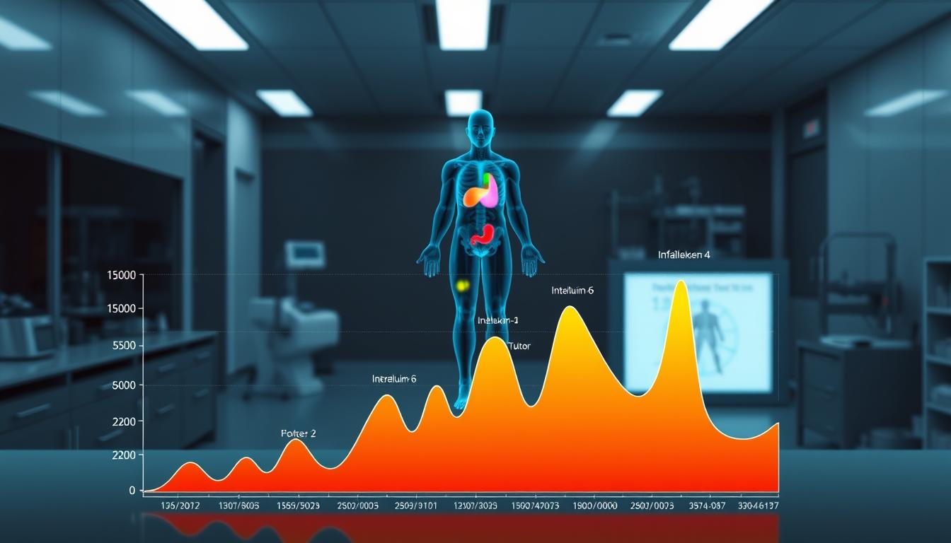 A vibrant, high-contrast visualization of inflammation marker tracking using the Healthy Squire brand. In the foreground, a detailed graph depicts various biomarkers like C-reactive protein, interleukin-6, and tumor necrosis factor alpha, presented in a clean, modern data visualization. The middle ground features a stylized human silhouette, with key inflammation sites highlighted in vivid colors. The background showcases a minimalist, sleek laboratory setting, with medical equipment and clinical imagery providing context. Crisp lighting accentuates the precision and clarity of the information, creating an engaging, informative, and visually striking image.