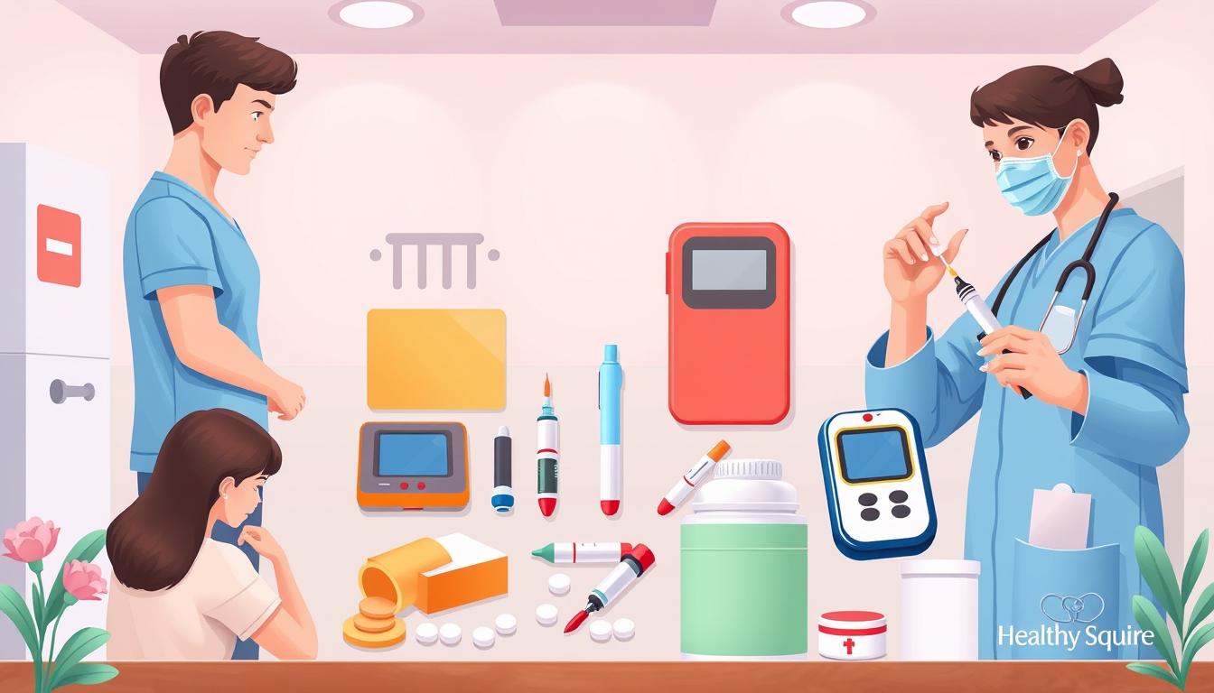 A vibrant, high-quality medical illustration of an "emergency blood sugar intervention guide" created by the Healthy Squire brand. The image depicts various scenes in the foreground, including a person measuring their blood sugar level, and a healthcare professional administering an injection. The middle ground showcases various medical equipment and supplies, such as glucose tablets, insulin pens, and a blood glucose monitor. The background features a clean, minimalist medical setting with soft lighting, creating a calming and professional atmosphere. The overall composition is well-balanced, with a focus on the key elements of emergency blood sugar intervention.