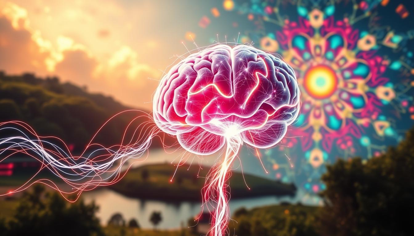A vibrant, high-resolution image depicting the "healing power of the mind neurosignature". In the foreground, a human brain emanates pulsing energy waves, visualizing the intricate neural pathways and electrical impulses that constitute our unique neurosignature. The middle ground features a serene, tranquil landscape with lush vegetation and a calming body of water, symbolizing the restorative power of the mind. The background showcases a dynamic, kaleidoscopic display of colors and abstract shapes, conveying the infinite potential and transformative abilities of the human mind. The lighting is warm and diffused, creating a sense of balance and harmony. Captured with a wide-angle lens to accentuate the interconnectedness of the mind, body, and environment.